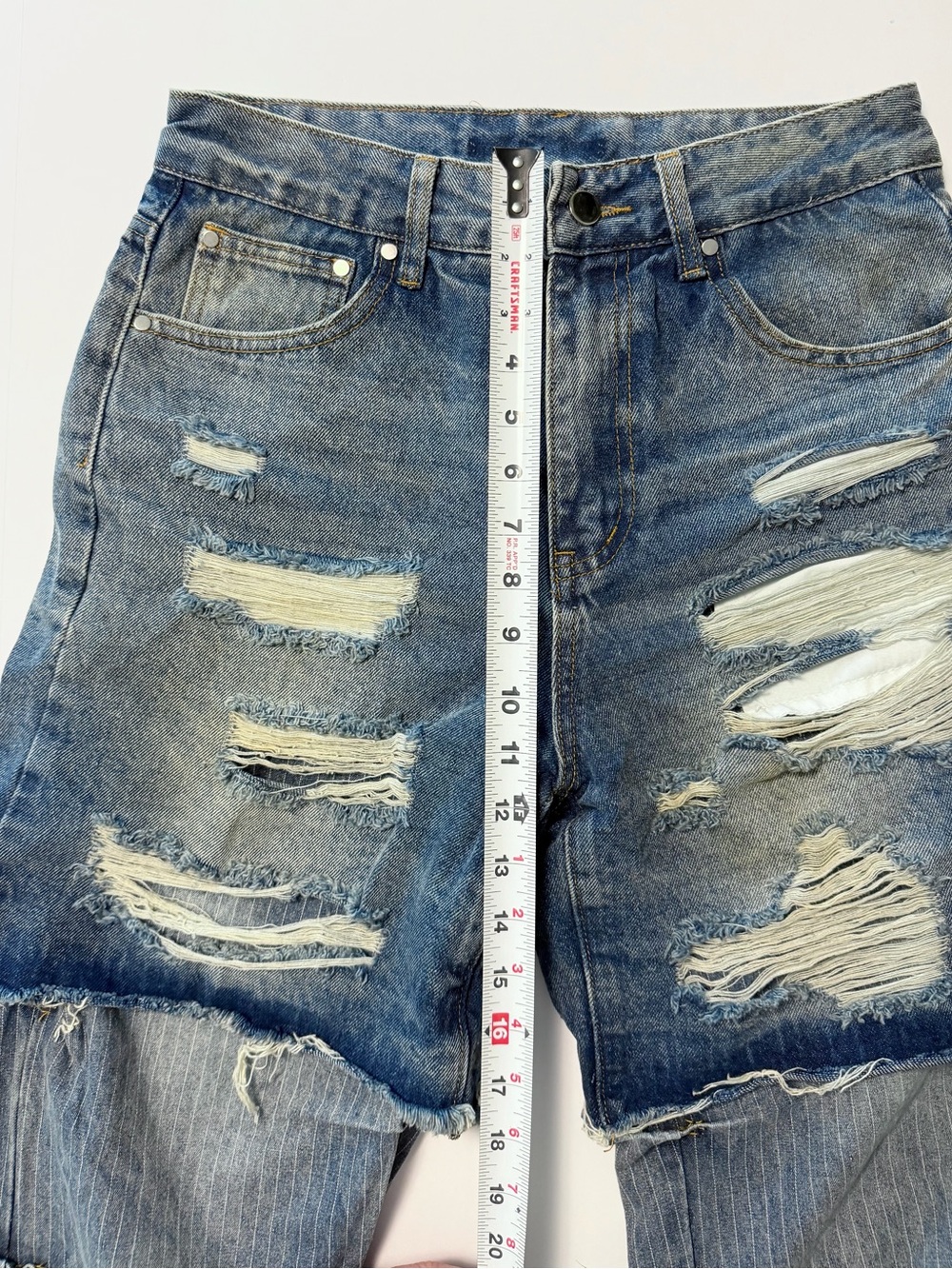 Aelfric Eden NWT size 30 distressed denim shorts over pinstripe flared pants - Picture 11 of 16